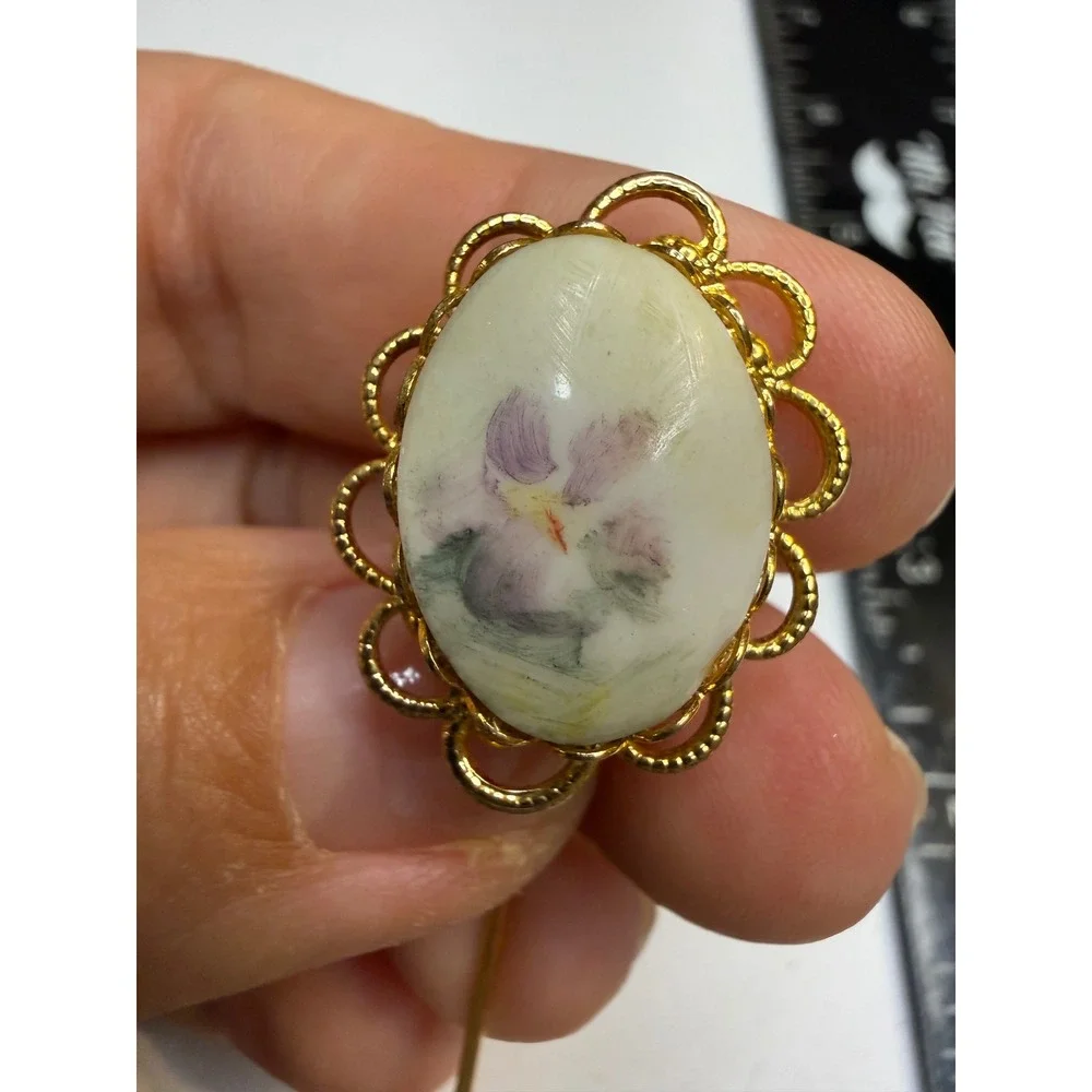 Vintage Hand Painted Floral Porcelain Stick Pin Gold Tone Filigree Scalloped
